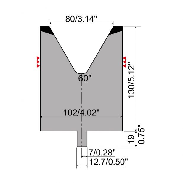 Matrize R4 mit Arbeitshöhe=130mm, α=60°, Radius=8mm, Material=42Cr, Max. Presskraft=1750kN/m.