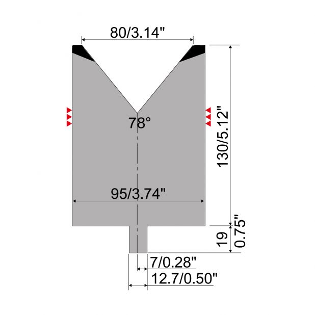 Matrize R4 mit Arbeitshöhe=130mm, α=78°, Radius=5mm, Material=42Cr, Max. Presskraft=1500kN/m.