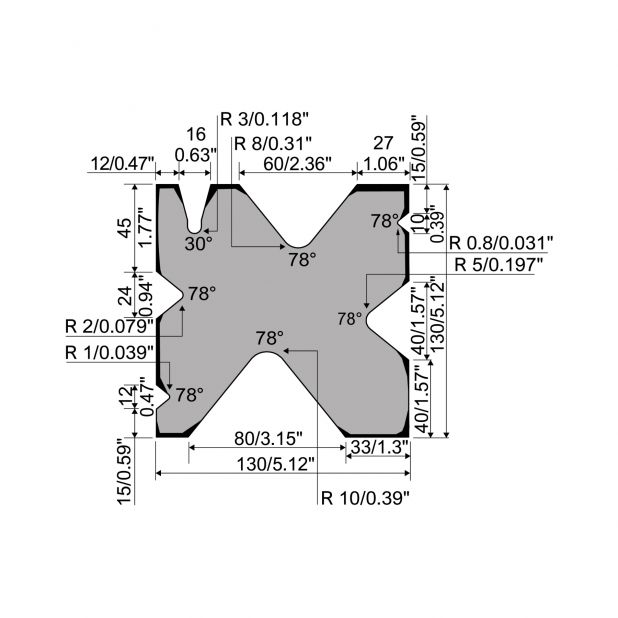 Multi-V-Matrize R4 mit Höhe=130mm, α=30-78°, Material=42cr, Max. Presskraft=480-1500kN/m.