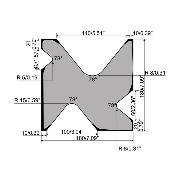 Multi-V-Matrize R4 mit Höhe=180mm, α=78°, Material=42cr, Max. Presskraft=320-700kN/m.