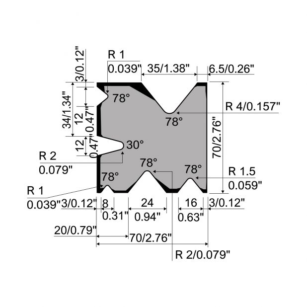 Multi-V-Matrize R4 mit Höhe=70mm, α=30-78°, Material=42cr, Max. Presskraft=950-1600kN/m.