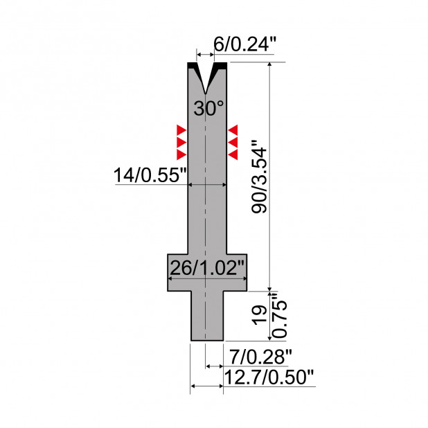 Matrize R4 mit Arbeitshöhe=90mm, α=30°, Radius=0.8mm, Material=42Cr, Max. Presskraft=200kN/m.