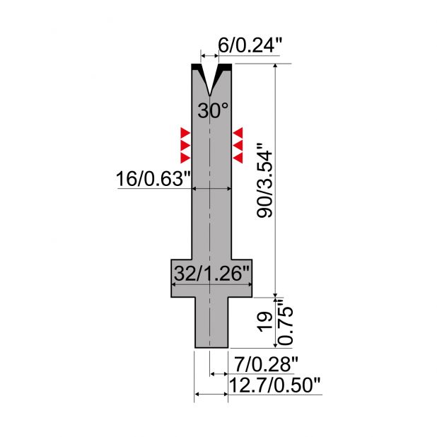Matrize R4 mit Arbeitshöhe=90mm, α=30°, Radius=0.8mm, Material=42Cr, Max. Presskraft=200kN/m.