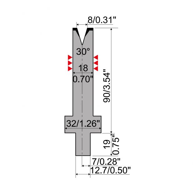 Matrize R4 mit Arbeitshöhe=90mm, α=30°, Radius=1mm, Material=42Cr, Max. Presskraft=200kN/m.