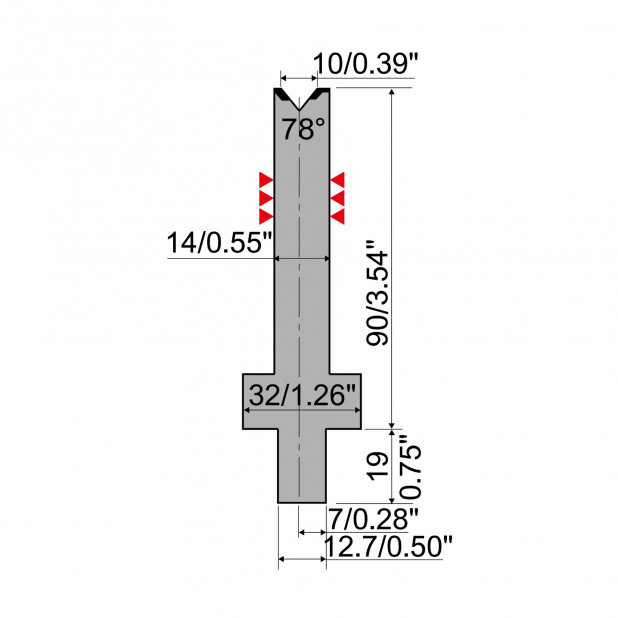 Matrize R4 mit Arbeitshöhe=90mm, α=78°, Radius=1mm, Material=42Cr, Max. Presskraft=500kN/m.