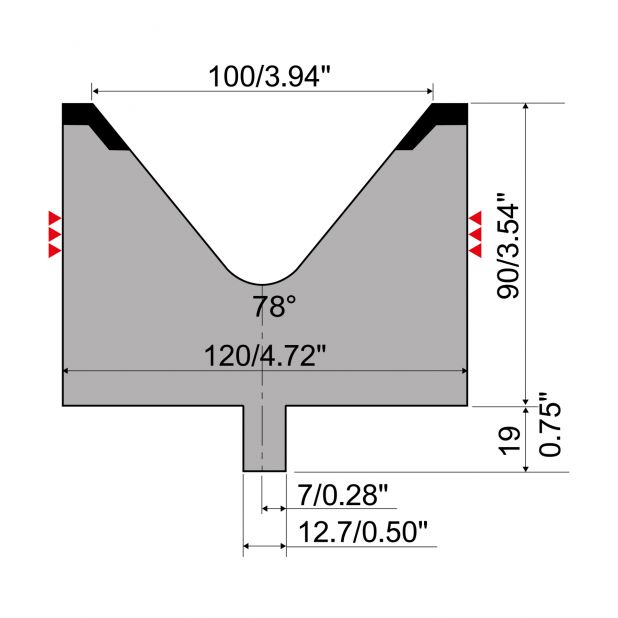 Matrize R4 mit Arbeitshöhe=90mm, α=78°, Radius=8mm, Material=42Cr, Max. Presskraft=1200kN/m.
