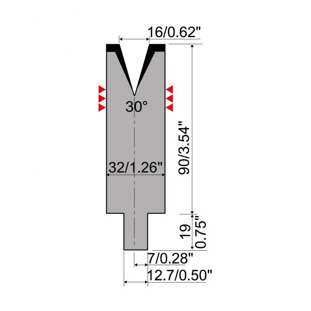 Matrize R4 mit Arbeitshöhe=90mm, α=30°, Radius=3mm, Material=42Cr, Max. Presskraft=380kN/m.