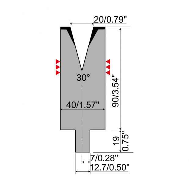 Matrize R4 mit Arbeitshöhe=90mm, α=30°, Radius=3mm, Material=42Cr, Max. Presskraft=380kN/m.