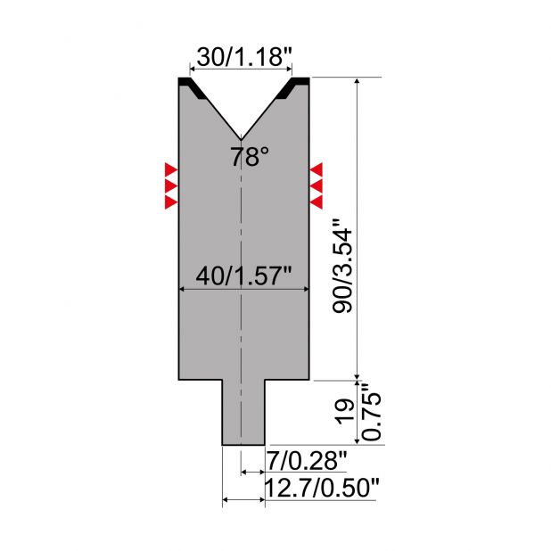 Matrize R4 mit Arbeitshöhe=90mm, α=78°, Radius=3mm, Material=42Cr, Max. Presskraft=1100kN/m.
