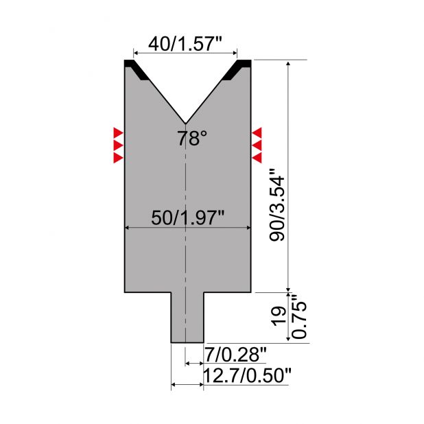 Matrize R4 mit Arbeitshöhe=90mm, α=78°, Radius=4mm, Material=42Cr, Max. Presskraft=1300kN/m.