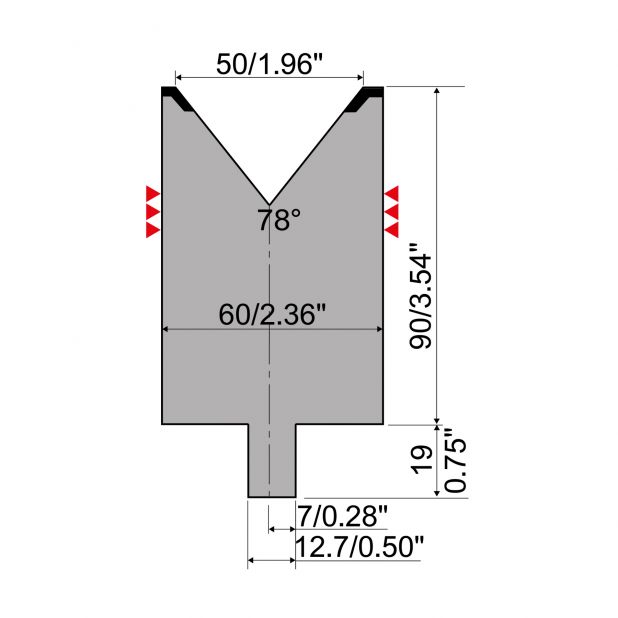 Matrize R4 mit Arbeitshöhe=90mm, α=78°, Radius=4mm, Material=42Cr, Max. Presskraft=1500kN/m.