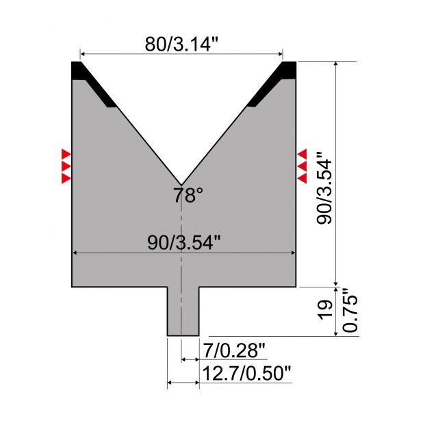 Matrize R4 mit Arbeitshöhe=90mm, α=78°, Radius=5mm, Material=42Cr, Max. Presskraft=1500kN/m.