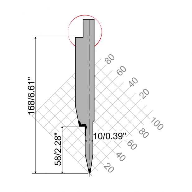 Zudrückwerkzeug R4 Serie W mit Höhe=-mm, α=20°, Radius=0,6mm, Material=42cr, Max. Presskraft=800-1000kN/m.