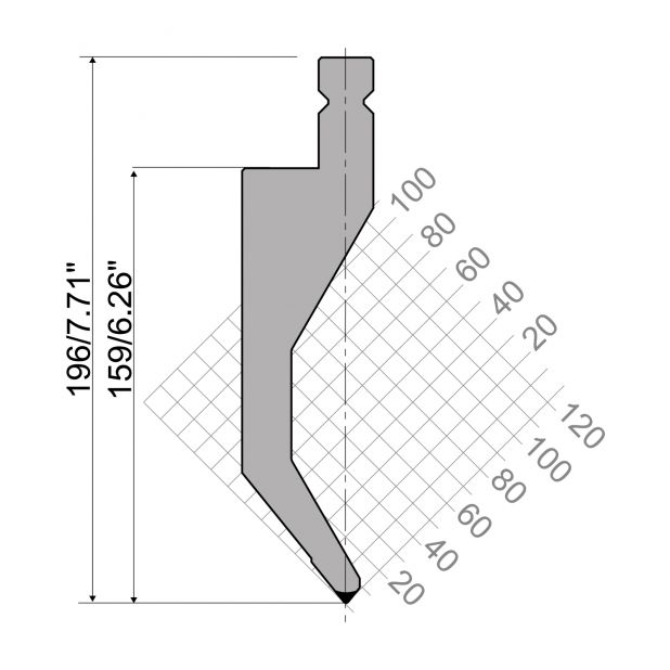 Oberwerkzeug R4 NEU Serie W mit Arbeitshöhe=159mm, α=78°, Radius=1mm, Material=42cr, Max. Presskraft=400kN/