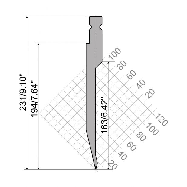 Oberwerkzeug R4 Serie W mit Arbeitshöhe=194mm, α=26°, Radius=2mm, Material=42cr, Max. Presskraft=500kN/m.