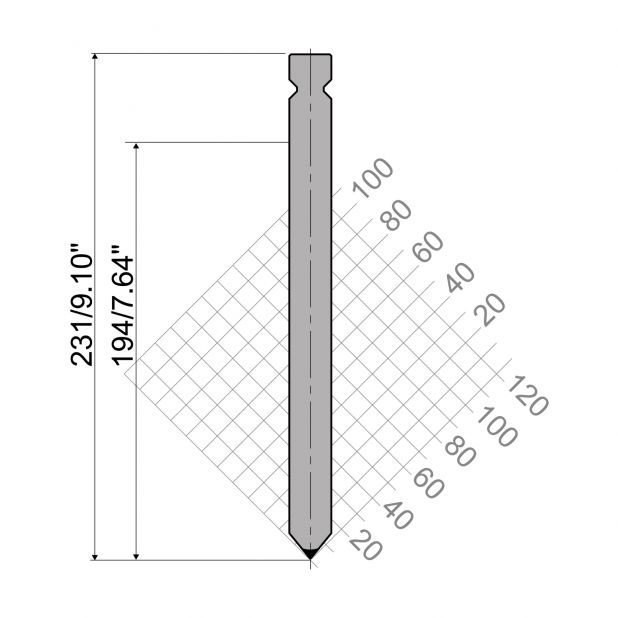 Oberwerkzeug R4 Serie W mit Arbeitshöhe=194mm, α=78°, Radius=3mm, Material=42cr, Max. Presskraft=1200kN/m.