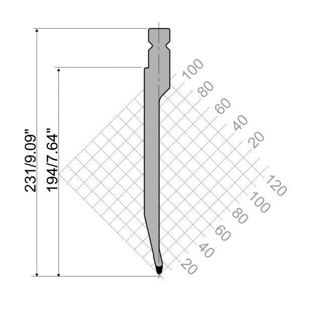 Oberwerkzeug R4 NEU Serie W mit Arbeitshöhe=194mm, α=26°, Radius=1mm, Material=42cr, Max. Presskraft=400kN/