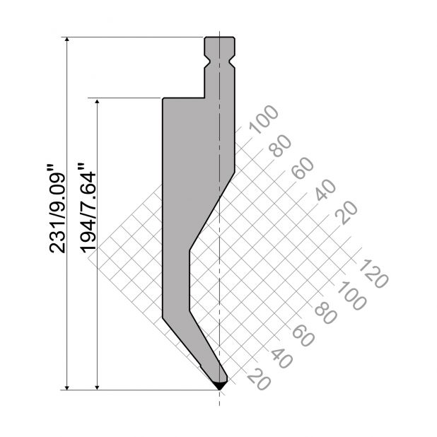 Oberwerkzeug R4 NEU Serie W mit Arbeitshöhe=194mm, α=78°, Radius=1mm, Material=42cr, Max. Presskraft=400kN/