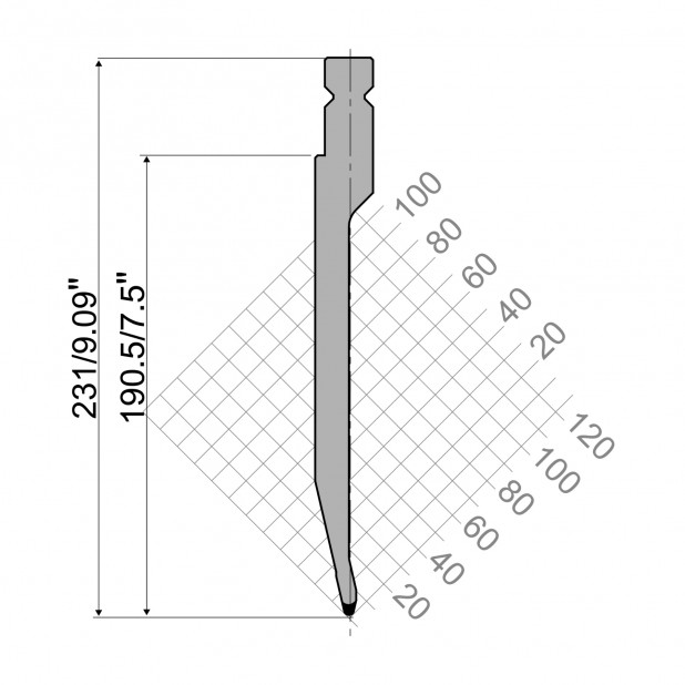 Oberwerkzeug R4 NEU Serie W mit Arbeitshöhe=190.5mm, α=26°, Radius=2mm, Material=42cr, Max. Presskraft=600k