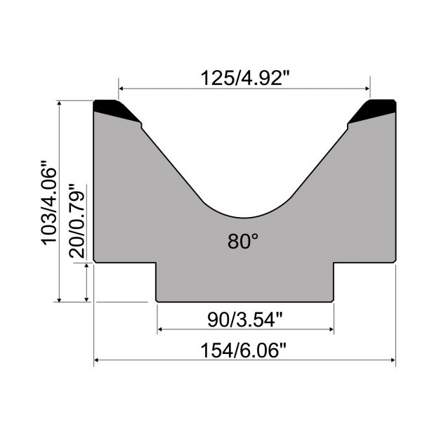 1-V Matrize R1 mit Höhe=103mm, α=80°, Radius=15mm, Material=C45, Max. Presskraft=1000kN/m.