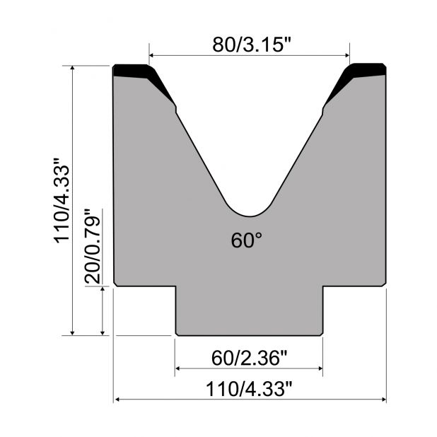 1-V Matrize R1 mit Höhe=110mm, α=60°, Radius=6mm, Material=C45, Max. Presskraft=1000kN/m.