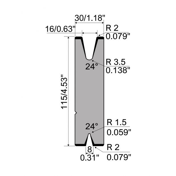 Matrize R7 Colly mit Höhe=115mm, α=24°, Radius=2mm, Material=c45, Max. Presskraft=300/700kN/m.