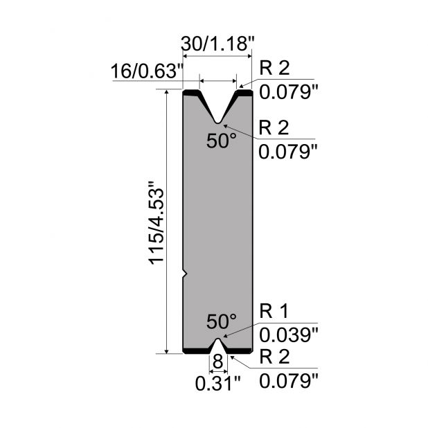 Matrize R7 Colly mit Höhe=115mm, α=50°, Radius=2mm, Material=c45, Max. Presskraft=600kN/m.