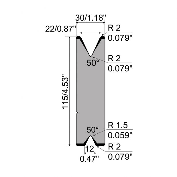 Matrize R7 Colly mit Höhe=115mm, α=50°, Radius=2mm, Material=c45, Max. Presskraft=500kN/m.