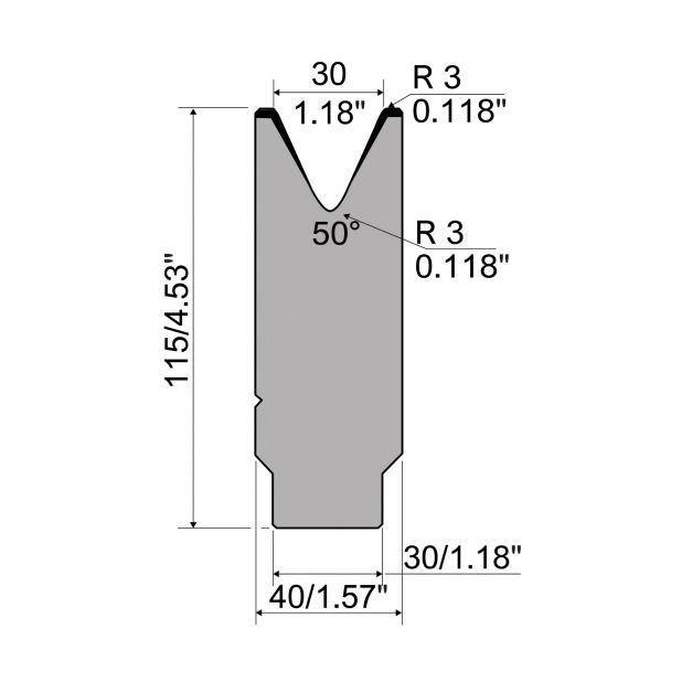 Matrize R7 Colly mit Höhe=115mm, α=50°, Radius=33mm, Material=c45, Max. Presskraft=400kN/m.