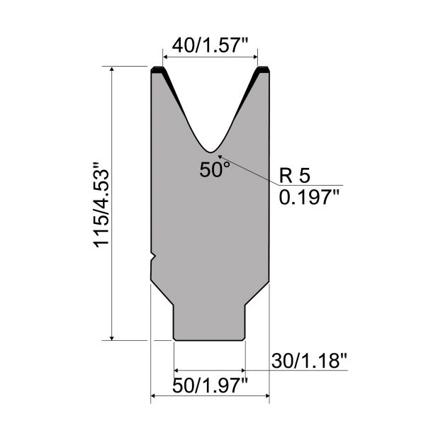 Matrize R7 Colly mit Höhe=115mm, α=50°, Radius=4mm, Material=c45, Max. Presskraft=400kN/m.