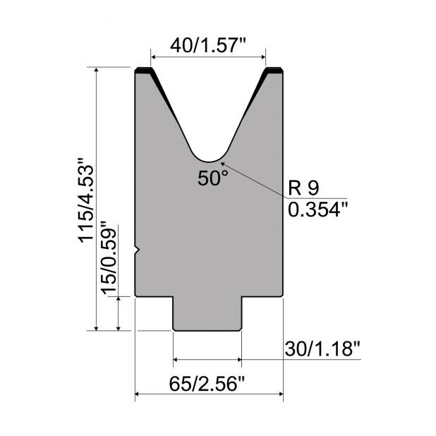 Matrize R7 Colly mit Höhe=115mm, α=50°, Radius=2mm, Material=c45, Max. Presskraft=600kN/m.