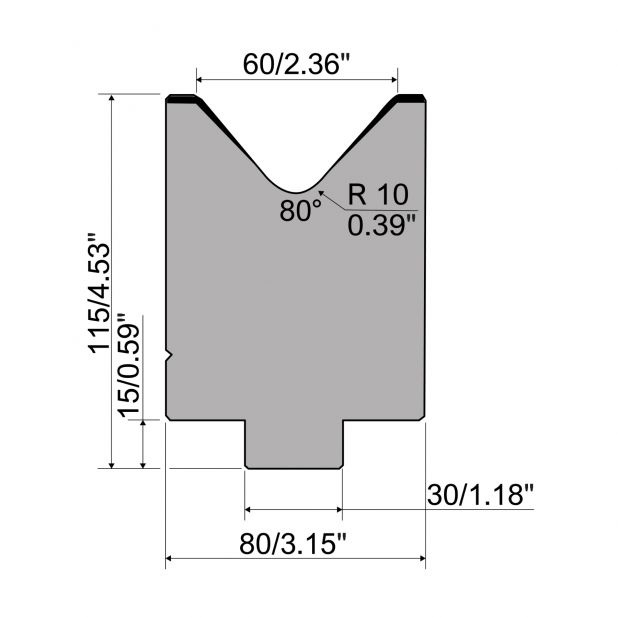 Matrize R7 Colly mit Höhe=115mm, α=80°, Radius=4mm, Material=c45, Max. Presskraft=1200kN/m.