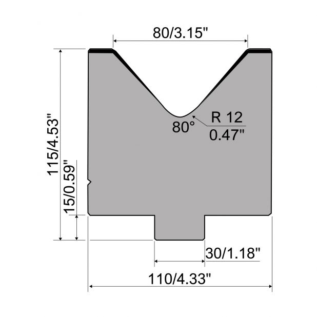 Matrize R7 Colly mit Höhe=115mm, α=80°, Radius=4mm, Material=c45, Max. Presskraft=1000kN/m.