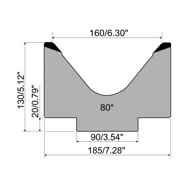 1-V Matrize R1 mit Höhe=130mm, α=80°, Radius=10mm, Material=C45, Max. Presskraft=1000kN/m.