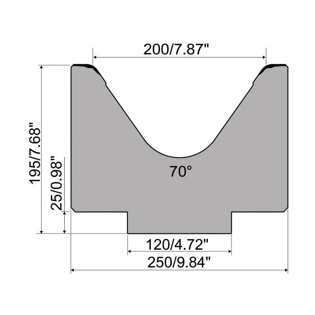 1-V Matrize R1 mit Höhe=195mm, α=70°, Radius=15mm, Material=42Cr, Max. Presskraft=1800kN/m.