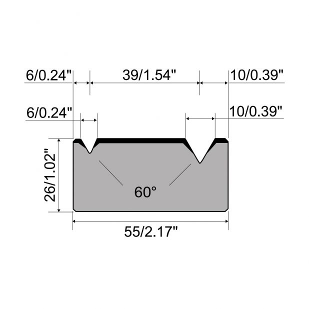 2-V Matrize R1 mit Höhe=26mm, α=60°, Radius=0.5/0.8mm, Material=C45, Max. Presskraft=600kN/m.