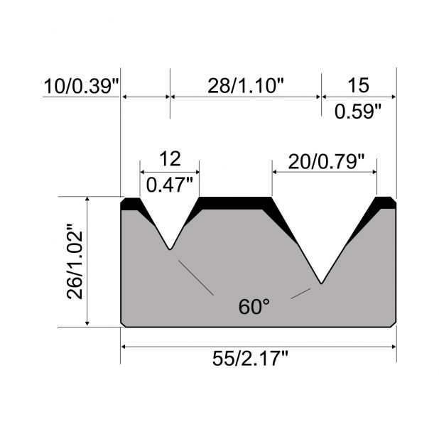 2-V Matrize R1 mit Höhe=26mm, α=60°, Radius=0.8/3mm, Material=C45, Max. Presskraft=800kN/m.