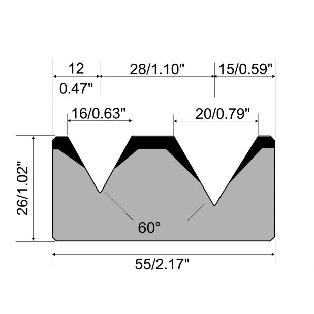 2-V Matrize R1 mit Höhe=26mm, α=60°, Radius=3.0/3.0mm, Material=C45, Max. Presskraft=800kN/m.