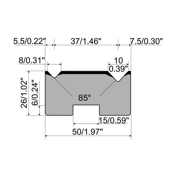 Zentrische 2-V Matrize R1 mit Höhe=26mm, α=85°, Radius=0.5/0.8mm, Material=C45, Max. Presskraft=1000kN/m.