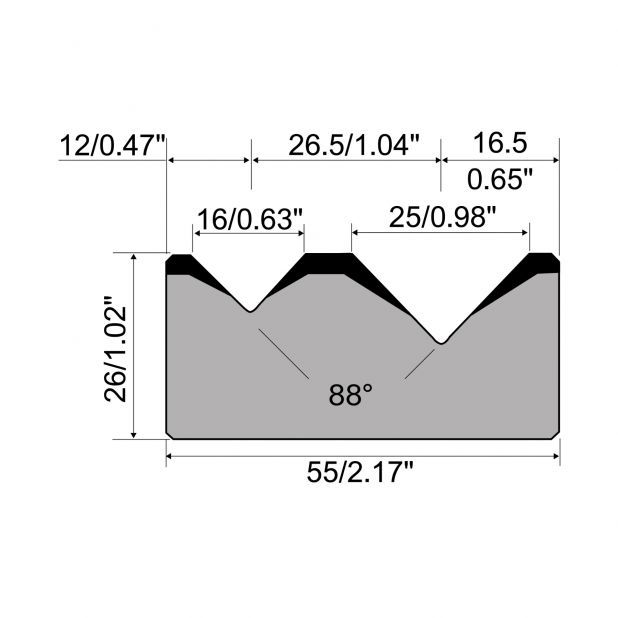 2-V Matrize R1 mit Höhe=26mm, α=88°, Radius=2.75/2.75mm, Material=C45, Max. Presskraft=1000kN/m.