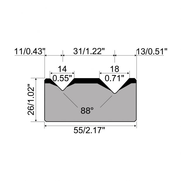 2-V Matrize R1 mit Höhe=26mm, α=88°, Radius=2.75/3mm, Material=C45, Max. Presskraft=1000kN/m.