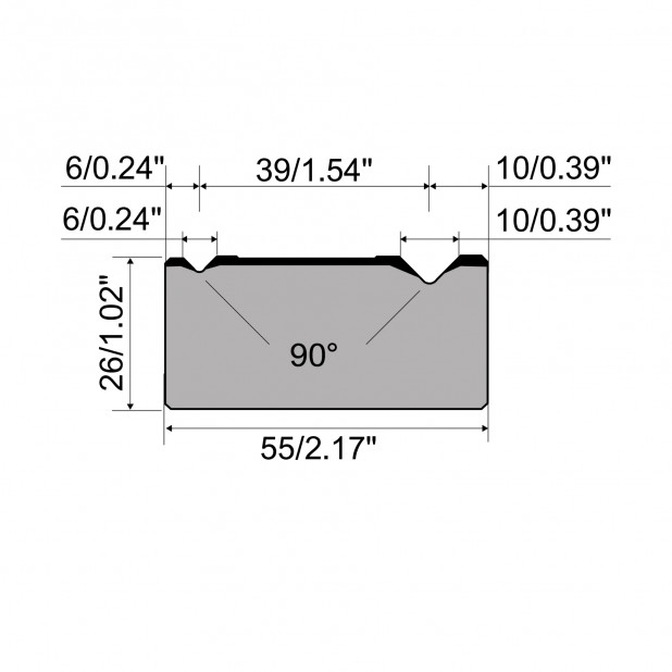 2-V Matrize R1 mit Höhe=26mm, α=90°, Radius=0.4/0.6mm, Material=C45, Max. Presskraft=1000kN/m.