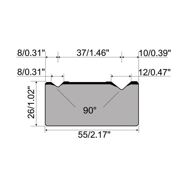2-V Matrize R1 mit Höhe=26mm, α=90°, Radius=0.5/0.8mm, Material=C45, Max. Presskraft=1000kN/m.