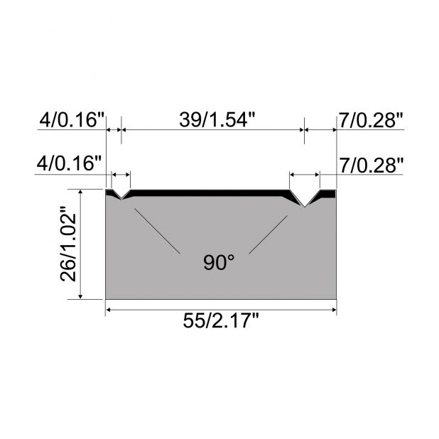 2-V Matrize R1 mit Höhe=26mm, α=90°, Radius=0.3/0.5mm, Material=C45, Max. Presskraft=1000kN/m.