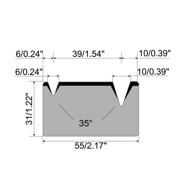 2-V Matrize R1 mit Höhe=31mm, α=35°, Radius=0.6/1mm, Material=C45, Max. Presskraft=300kN/m.