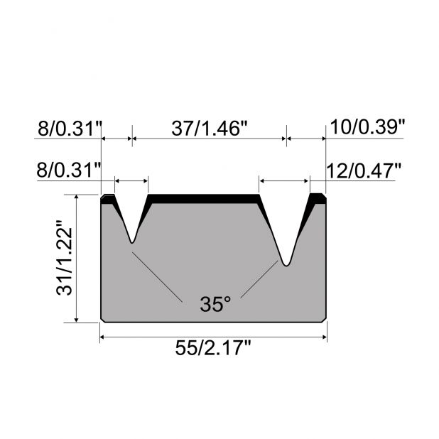 2-V Matrize R1 mit Höhe=31mm, α=35°, Radius=1/1.2mm, Material=C45, Max. Presskraft=300kN/m.