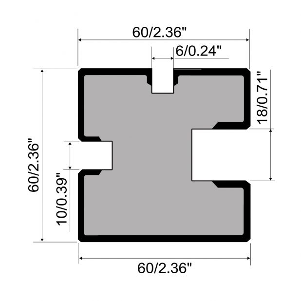 Multi-V Matrize R1 mit Höhe=60mm, α=0°, Material=C45, Max. Presskraft=1000kN/m.