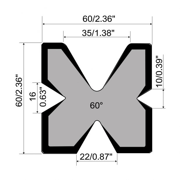 Multi-V Matrize R1 mit Höhe=60mm, α=60°, Material=C45, Max. Presskraft=600kN/m.