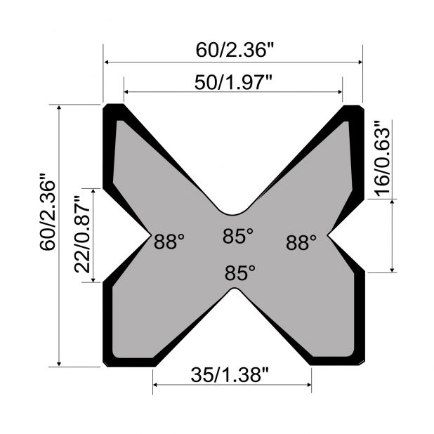 Multi-V Matrize R1 mit Höhe=60mm, α=88/85°, Material=C45, Max. Presskraft=800kN/m.