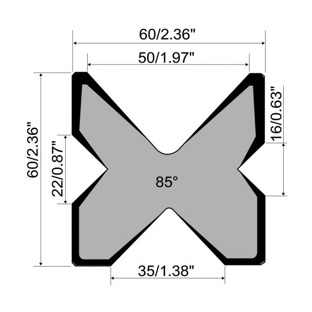 Multi-V Matrize R1 mit Höhe=60mm, α=85°, Material=C45, Max. Presskraft=800kN/m.